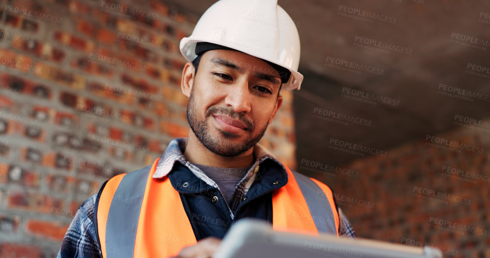 Buy stock photo Construction, happy and man on tablet for building report, site inspection and planning. Architecture, low angle and person on digital tech for renovation, remodeling and research for infrastructure