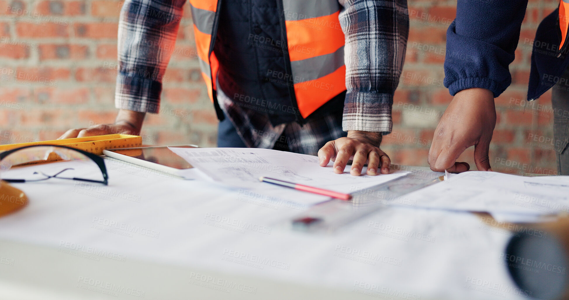 Buy stock photo People, hands or architect with blueprint for construction planning, design or building development. Contractor, team or civil engineer with documents, paperwork or floor layout for architecture