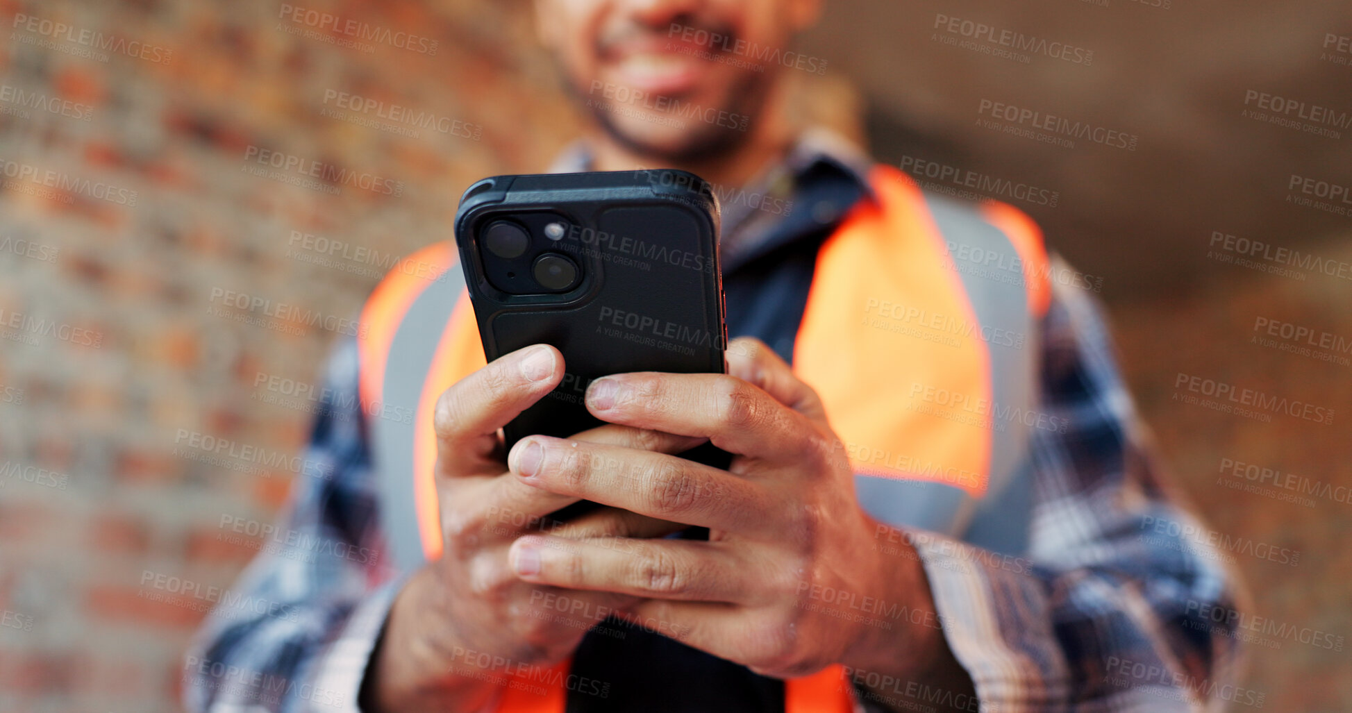 Buy stock photo Research, person or hands with phone at construction site, labor timesheet app or building schedule. Property progress log, tech or contractor with email for project workflow, agenda update or smile