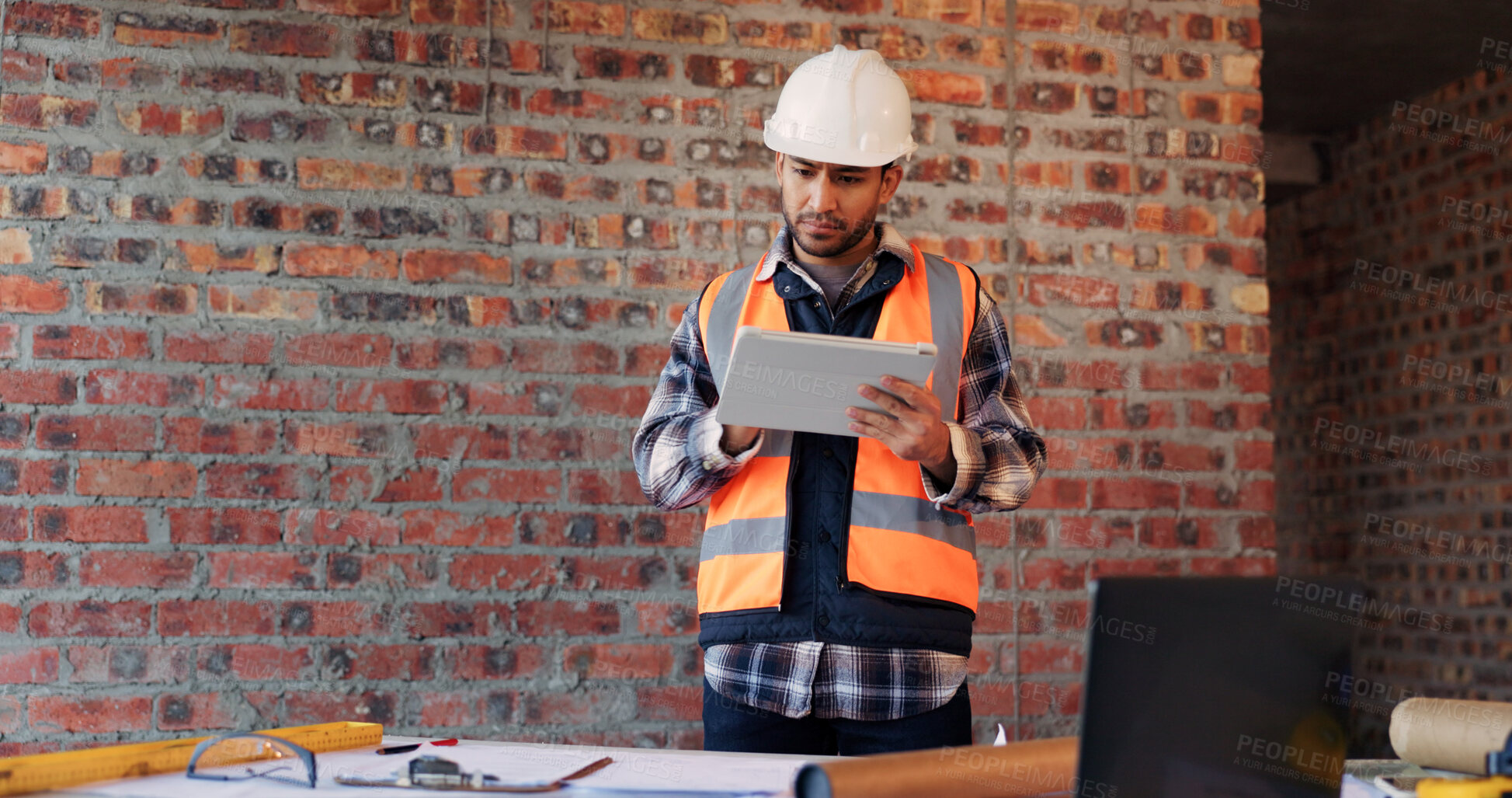 Buy stock photo Online, building and man on tablet for construction, site inspection and compliance review. Architecture, contractor and person on digital tech for renovation, remodeling and infrastructure design
