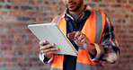Construction, hands and man on tablet for online report, site inspection and compliance review. Architecture, contractor and person on tech for renovation, remodeling and infrastructure in building