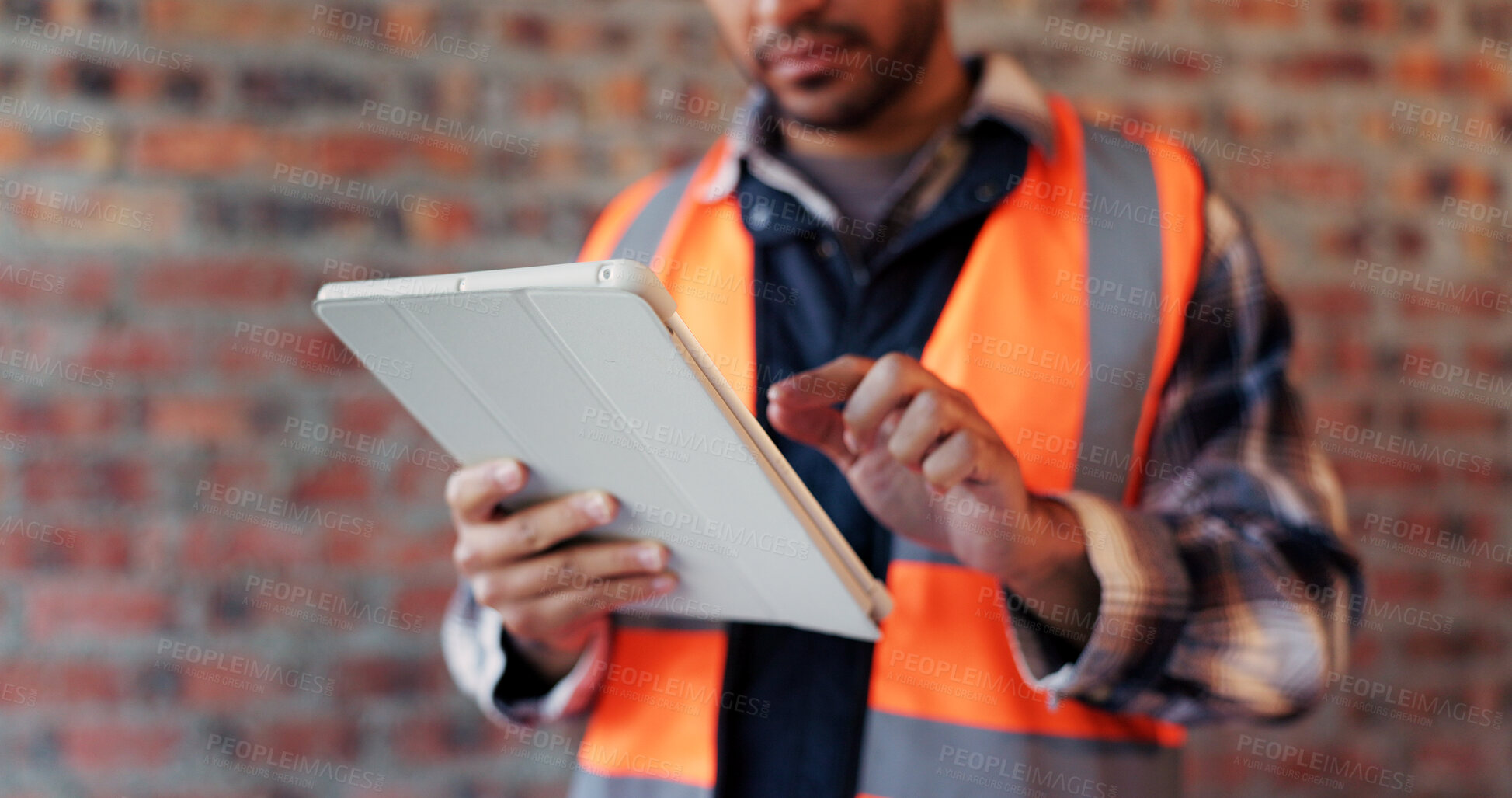 Buy stock photo Construction, hands and man on tablet for online report, site inspection and compliance review. Architecture, contractor and person on tech for renovation, remodeling and infrastructure in building
