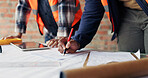 Meeting, writing and hands with blueprint for construction, renovation draft or maintenance strategy. Teamwork, people and architect with building schematic for property, engineering and plan remodel
