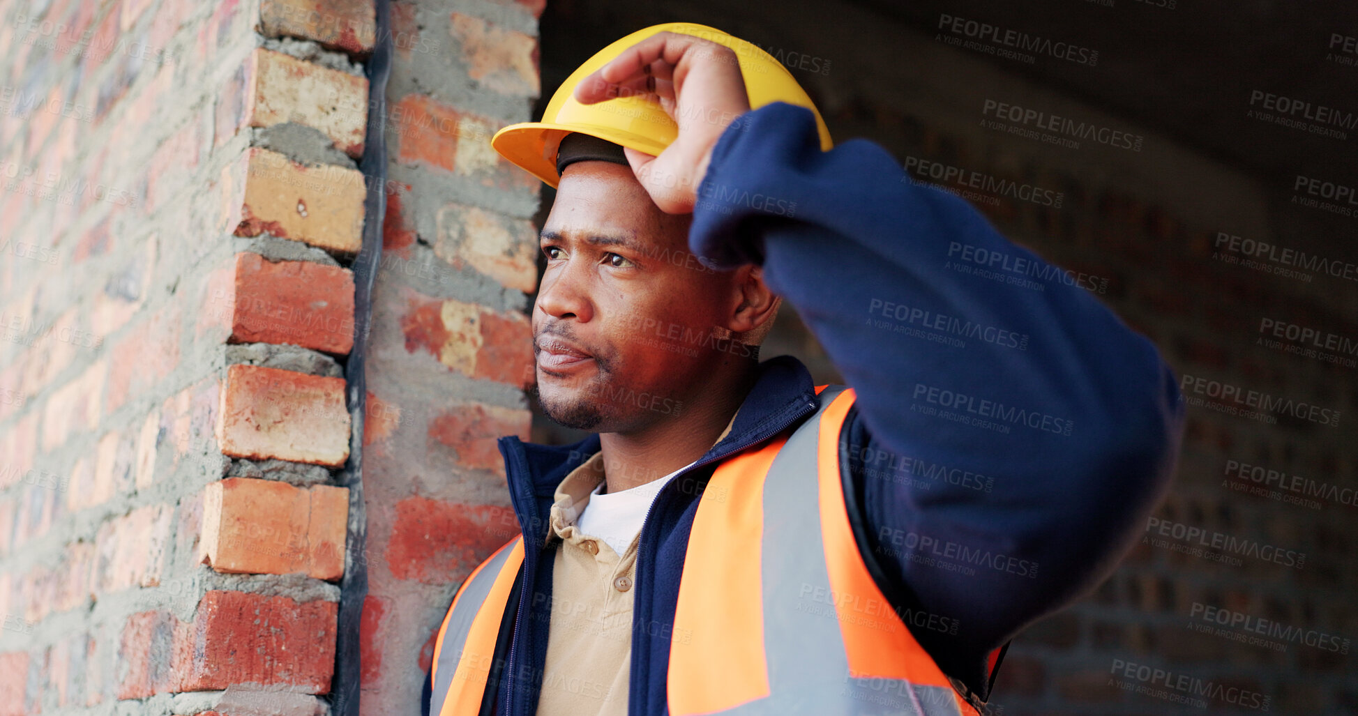 Buy stock photo Construction site, thinking and black man with idea, engineering and inspection for quality control. Safety, risk assessment and person with maintenance, compliance and reflection for property