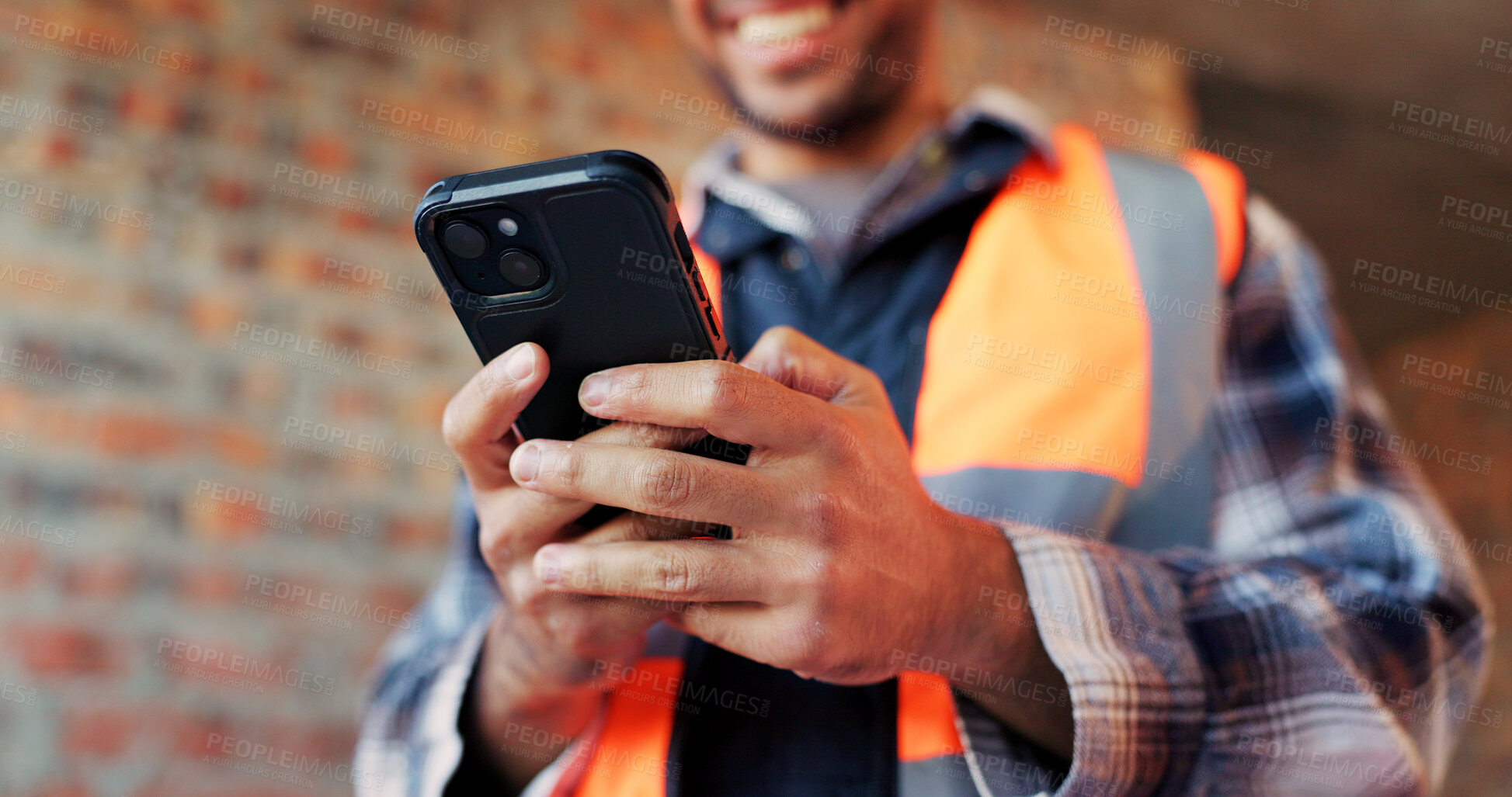 Buy stock photo Research, person or hands with mobile at construction site, labor timesheet app or building schedule. Progress log, phone or happy contractor with message for project workflow, agenda update or email