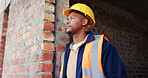 Construction site, thinking and black man with reflection, engineering and project for quality control. Safety, risk assessment and person with maintenance, compliance and property for development