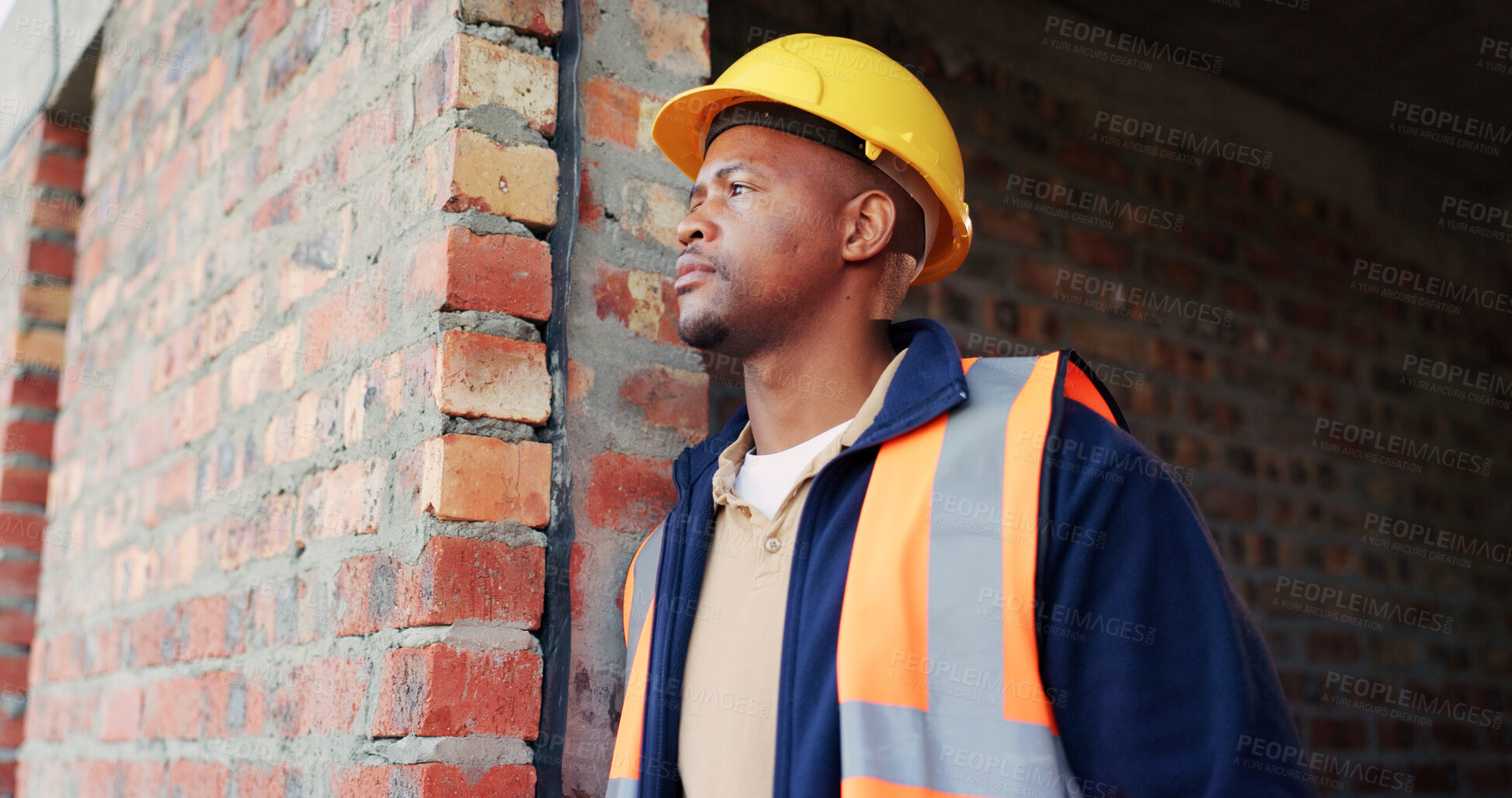 Buy stock photo Construction site, thinking and black man with reflection, engineering and project for quality control. Safety, risk assessment and person with maintenance, compliance and property for development