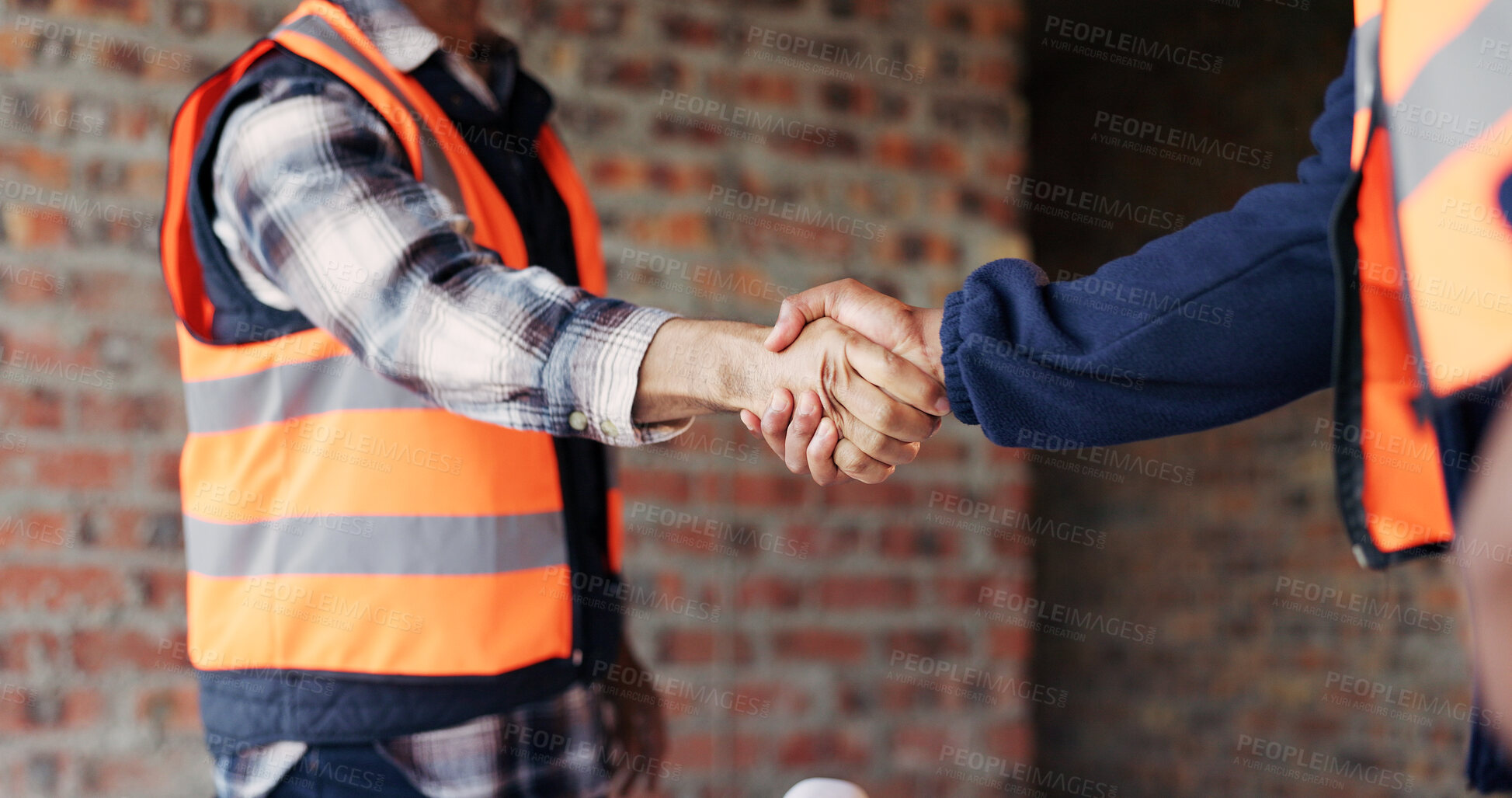 Buy stock photo People, architect or handshake with deal on construction site for building agreement together. Contractor, team or civil engineer shaking hands with b2b for architecture partnership or development