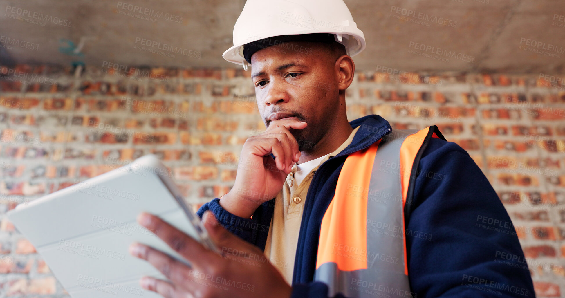 Buy stock photo Construction, thinking and black man on tablet for planning, site inspection and building report. Architecture, contractor and person on tech for renovation, remodeling and idea for infrastructure