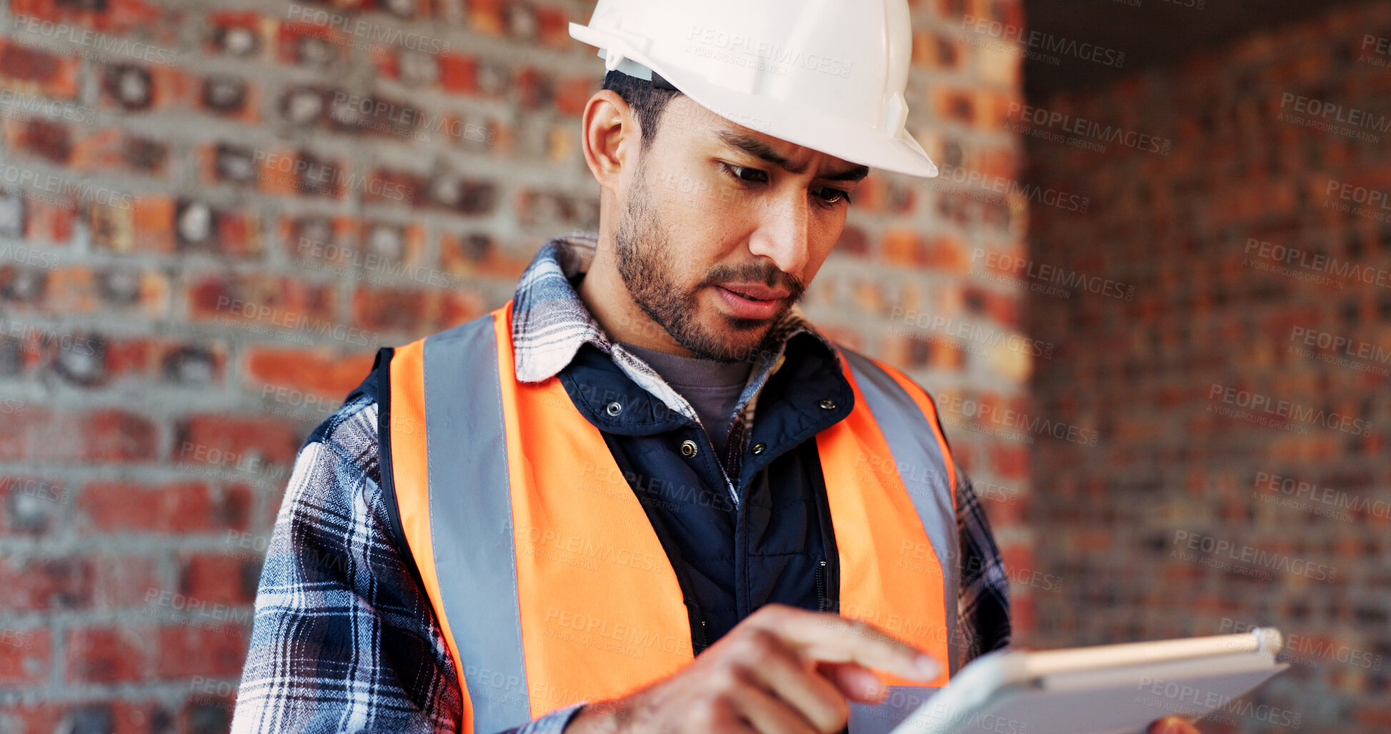 Buy stock photo Confused, engineer or man at construction site with tablet, building problem or bad news for project. Person, reading and tech with doubt for infrastructure issue, engineering challenge and research.
