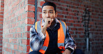 Construction site, thinking and man with idea, engineering and inspection for quality control. Safety, risk assessment and person with maintenance, compliance and property renovation with development