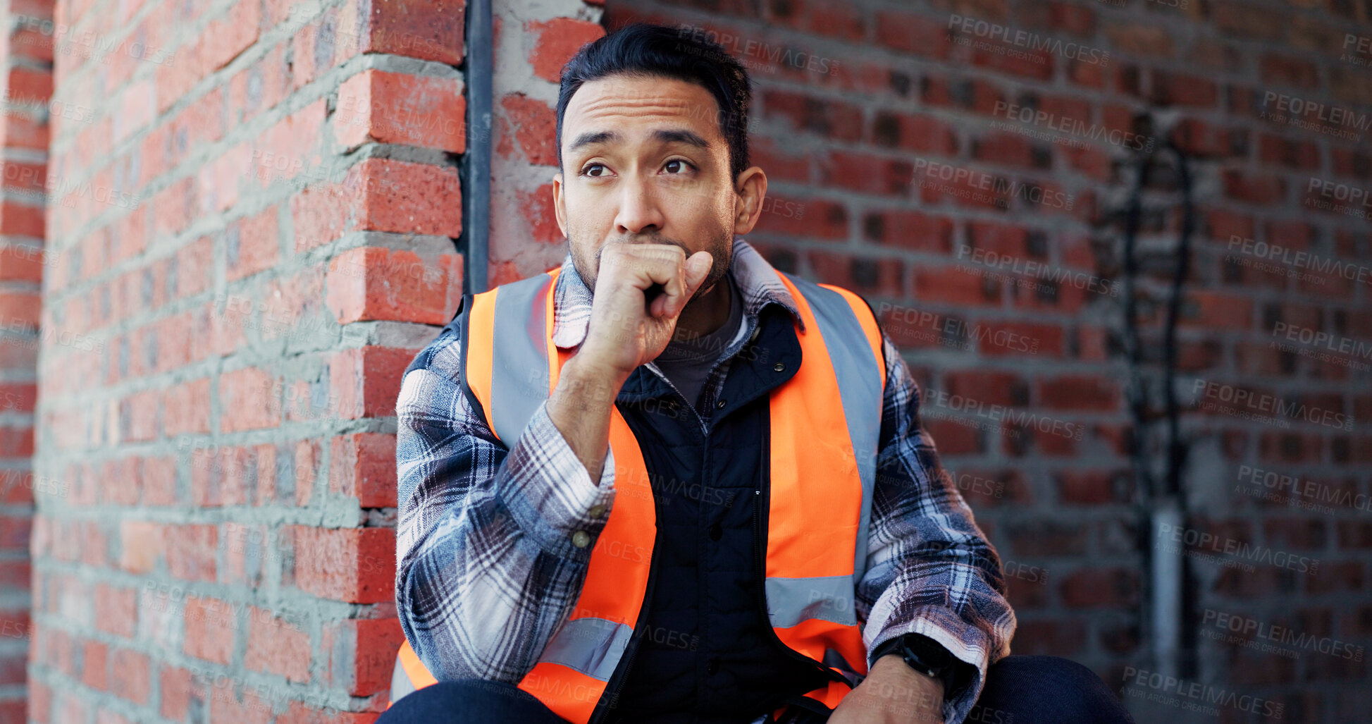 Buy stock photo Construction site, thinking and man with idea, engineering and reflection for quality control. Safety, risk assessment and person with maintenance, planning and property renovation with development