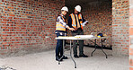 Architect, pointing and men with blueprint in building, meeting or planning for property development. Civil engineer, ideas and people with document for architecture, discussion and collaboration