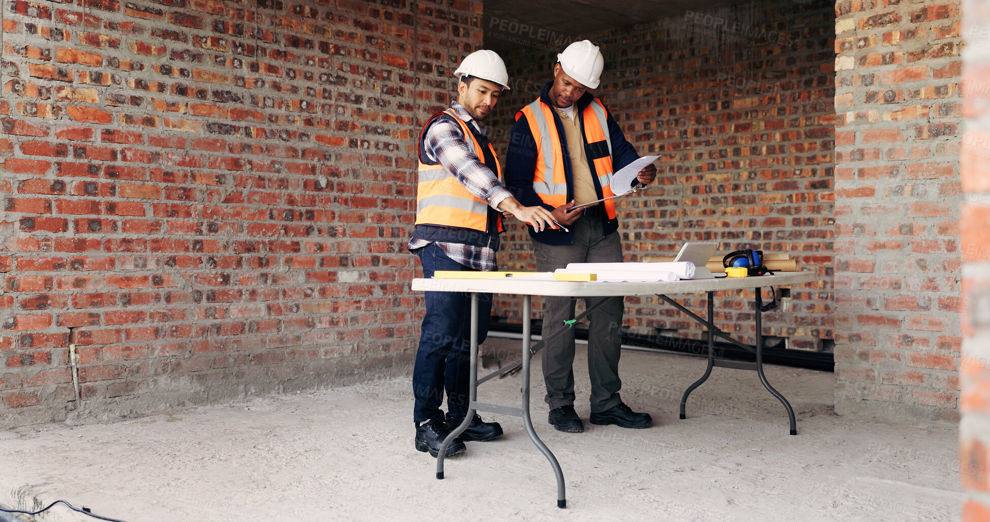 Buy stock photo Architect, pointing and men with blueprint in building, meeting or planning for property development. Civil engineer, ideas and people with document for architecture, discussion and collaboration