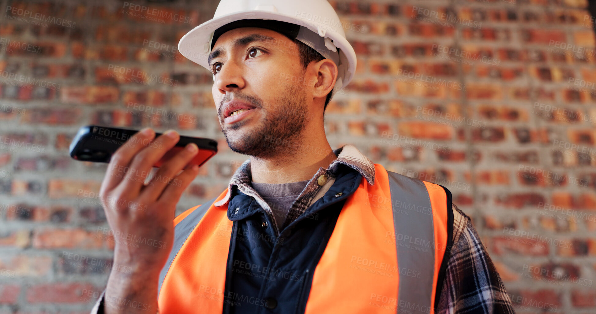 Buy stock photo Phone call, man and construction worker on site with loudspeaker for communication on building project. Cellphone, voice recognition and civil engineer on mobile discussion for renovation approval.