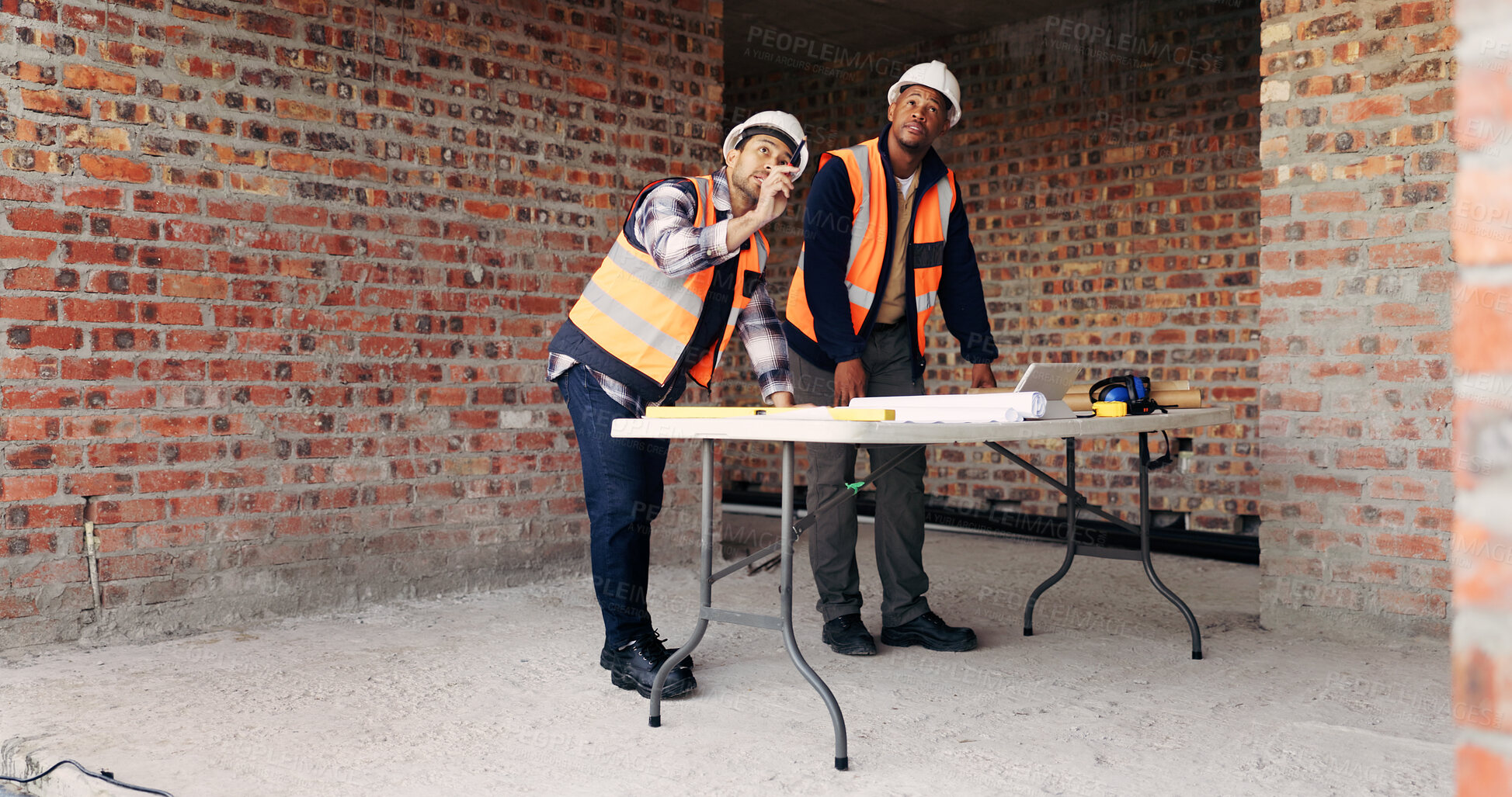 Buy stock photo Architect, ideas and men with blueprint in building, teamwork and planning for property development. Civil engineer, pointing and people with document for architecture, discussion and collaboration