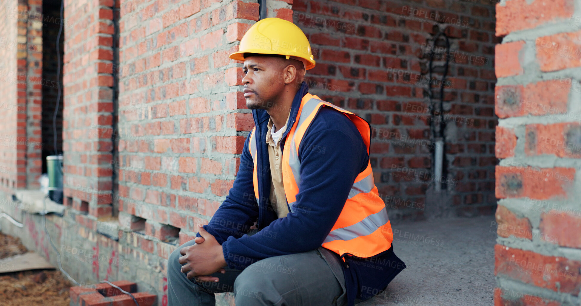 Buy stock photo Construction site, thinking and black man with break, engineering and reflection for quality control. Safety, risk assessment and person with maintenance, compliance and property for development