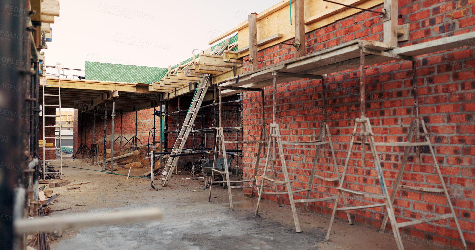 Buy stock photo Scaffolding, house and real estate project for construction, development and home renovation. Property, brick wall and architecture with structure, building and suburban improvement or engineering