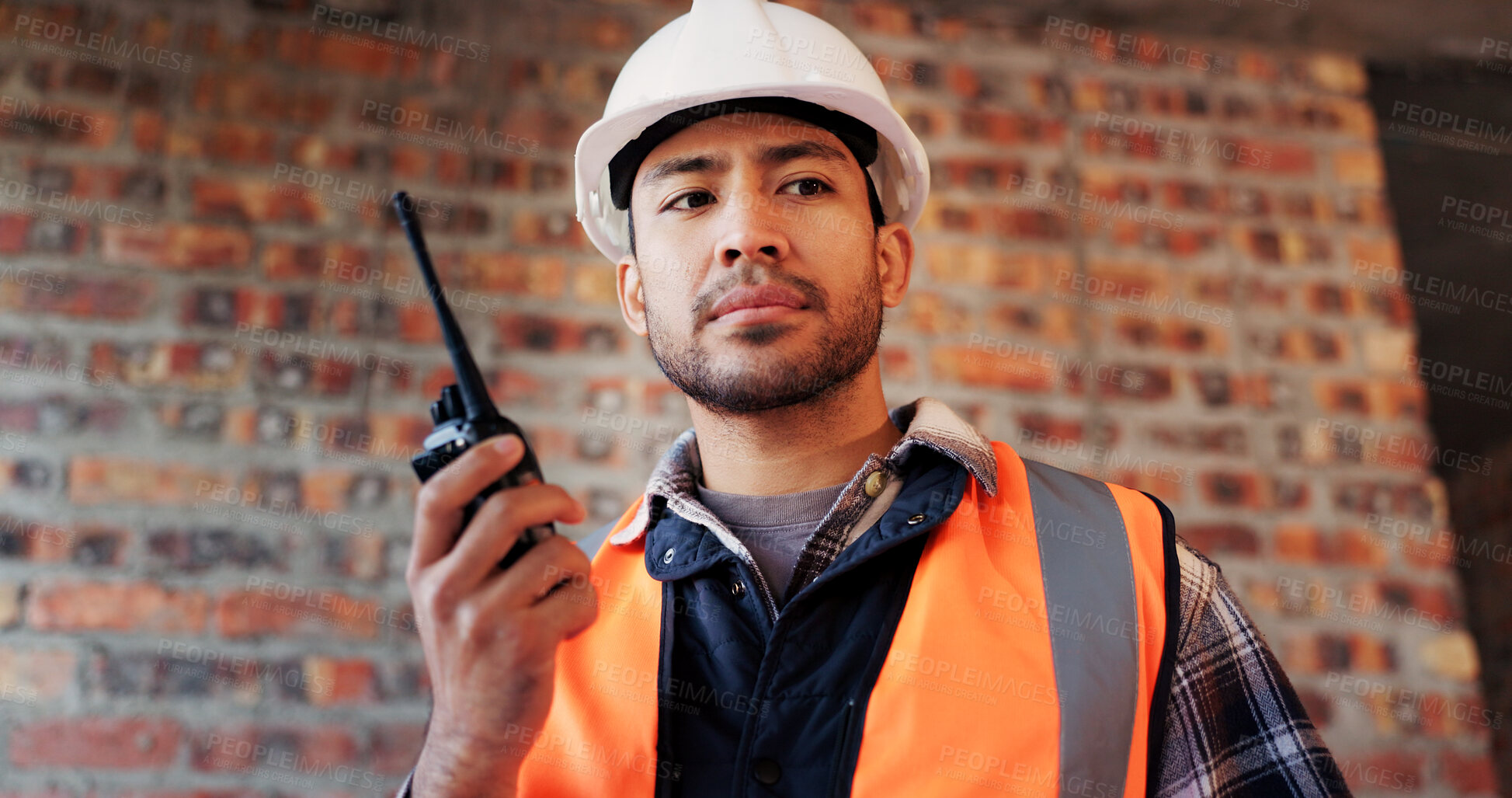 Buy stock photo Construction site, radio and man with thinking, engineering and update for quality control. Tech, risk assessment and person with communication, compliance and property renovation with development