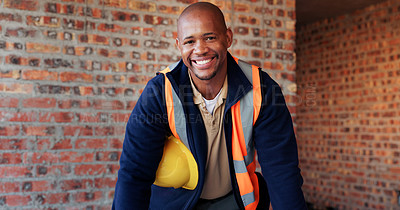 Buy stock photo Happy, black man and portrait of construction worker on site with confidence for industrial career. Smile, about us and African male civil engineer with pride for job opportunity with renovation