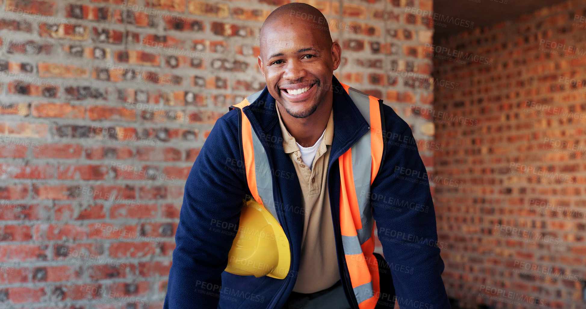 Buy stock photo Happy, black man and portrait of construction worker on site with confidence for industrial career. Smile, about us and African male civil engineer with pride for job opportunity with renovation