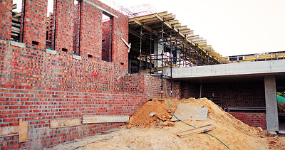 Buy stock photo Frame, house and real estate project for construction, development and home renovation. Property, brick wall and architecture site with structure, building and suburban improvement or engineering