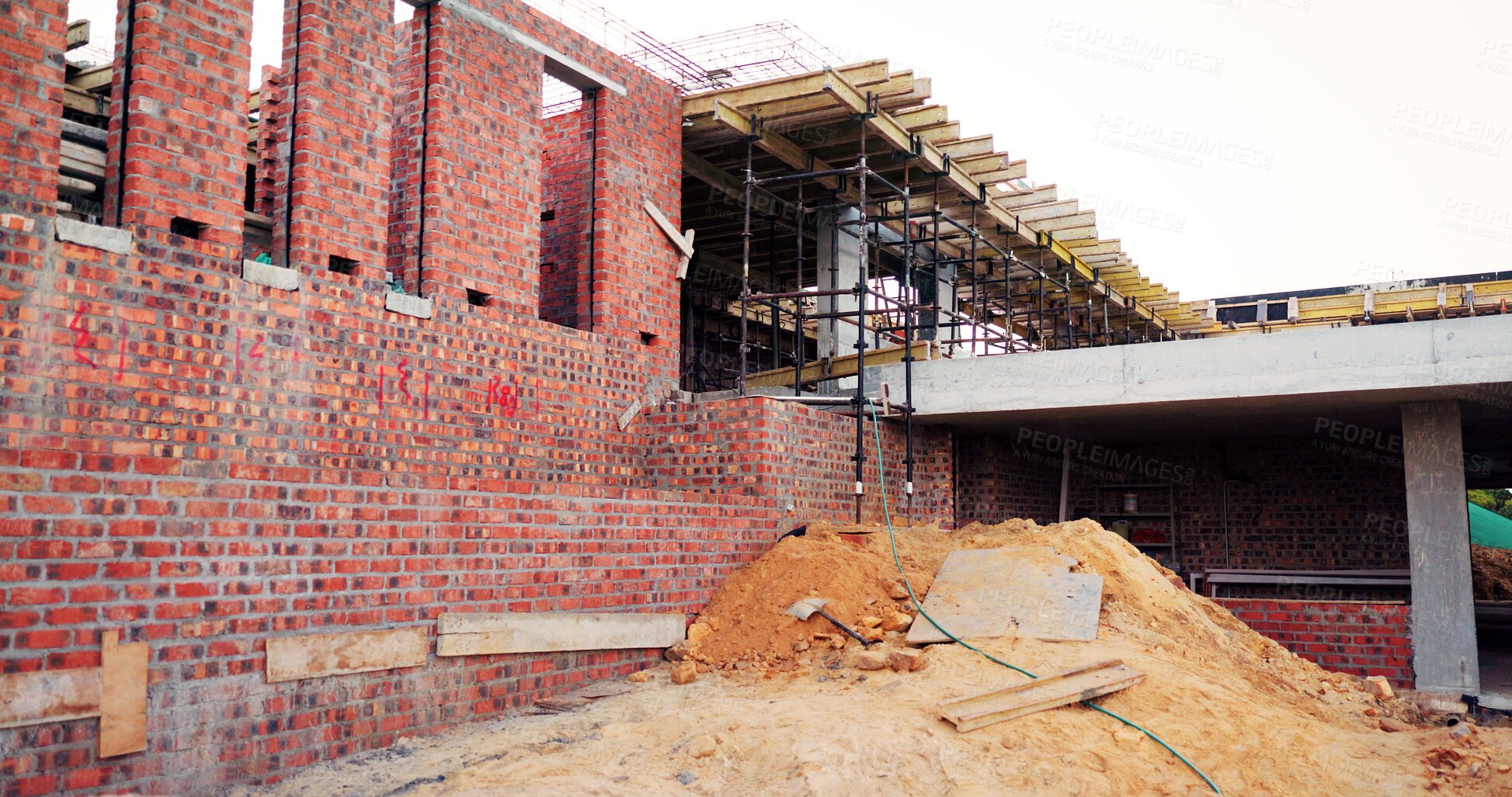 Buy stock photo Frame, house and real estate project for construction, development and home renovation. Property, brick wall and architecture site with structure, building and suburban improvement or engineering