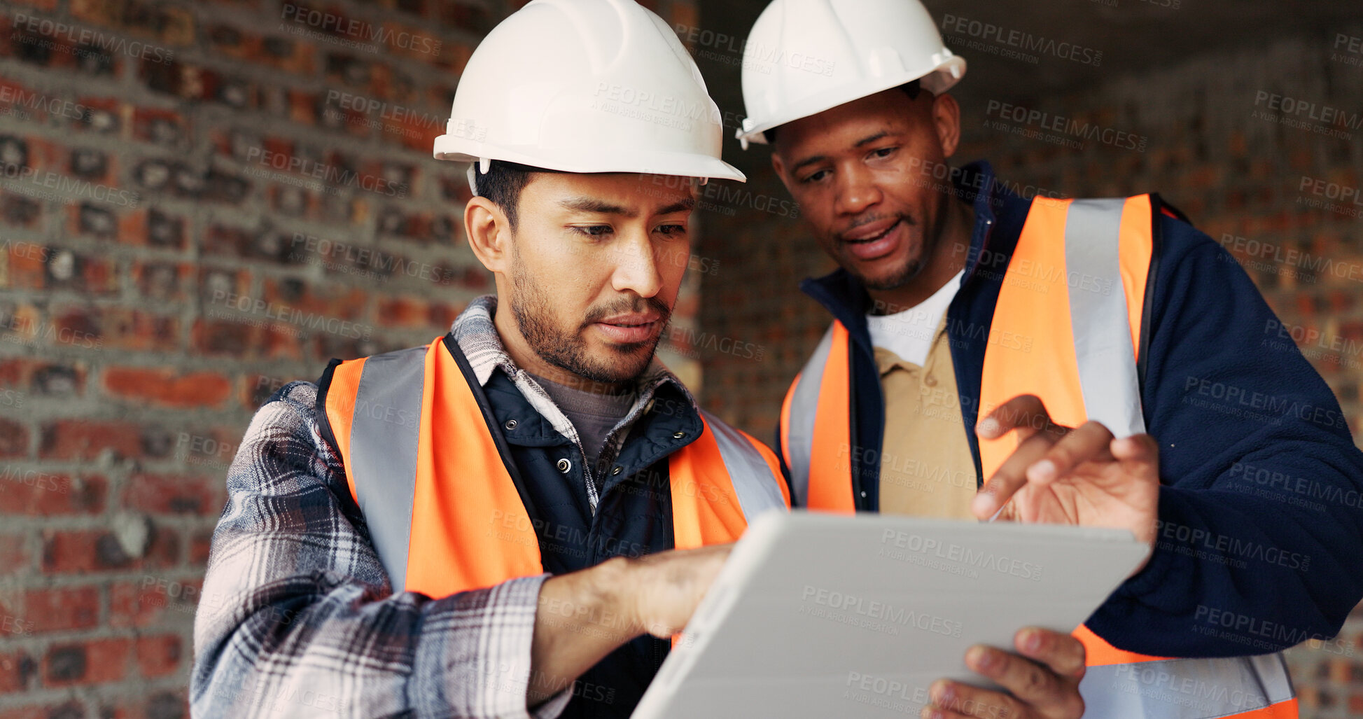Buy stock photo Architecture, meeting and team at construction site with tablet, design review or project collaboration. People, discussion and architect research with tech, plan or teamwork for building renovation.