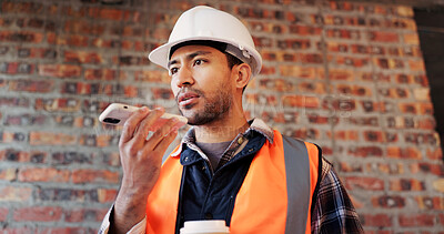 Buy stock photo Construction site, man and voice note with phone, engineering and update for quality control. Tech, risk assessment and person with communication, compliance and property renovation with development