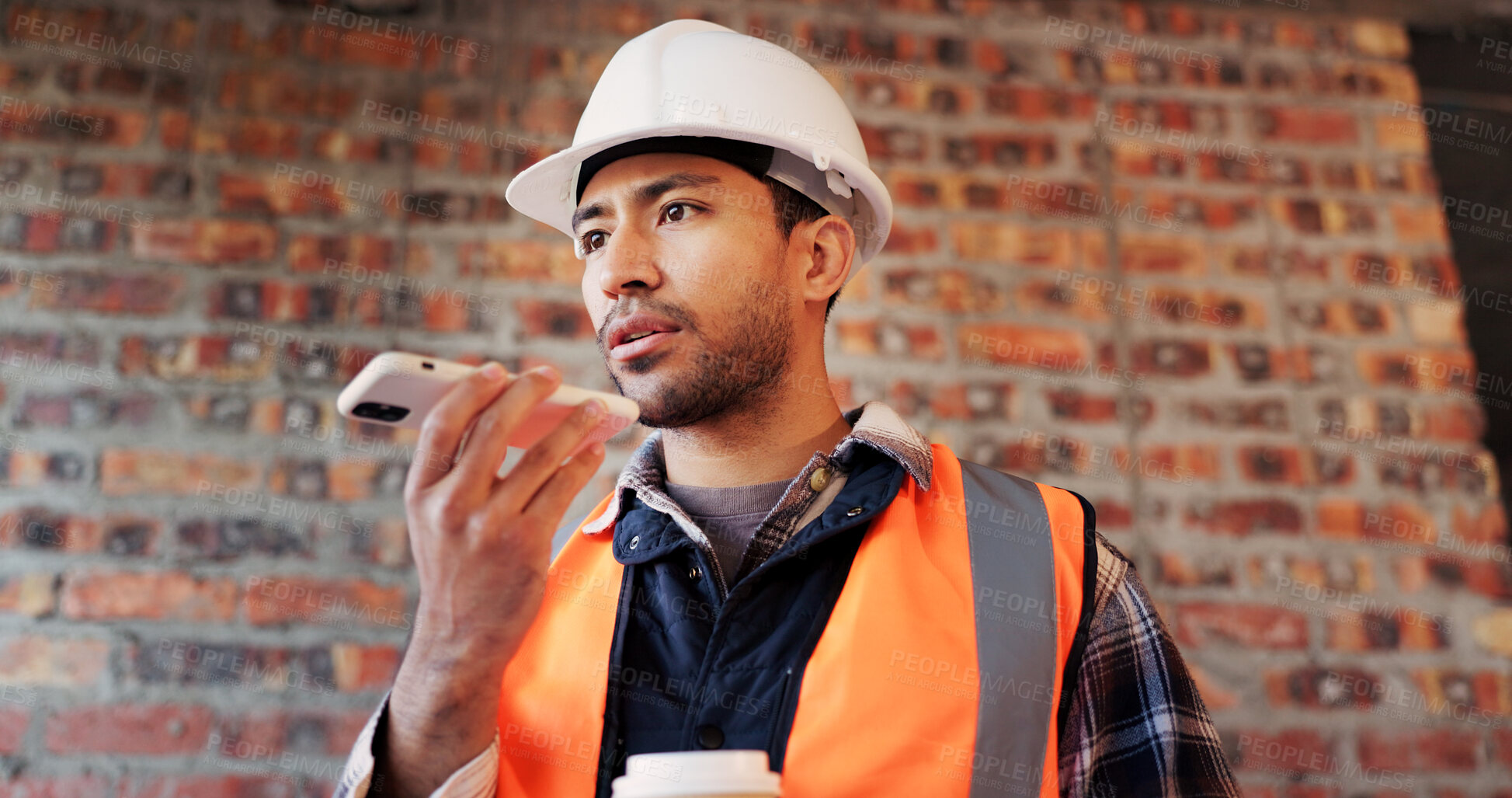 Buy stock photo Construction site, man and voice note with phone, engineering and update for quality control. Tech, risk assessment and person with communication, compliance and property renovation with development