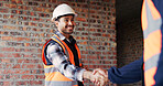 Architect, handshake and happy man with agreement for construction partnership or building deal. Male person, civil engineer or shaking hands with contractor or smile for b2b architecture or teamwork