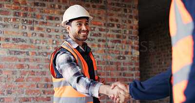Buy stock photo Architect, handshake and happy man with agreement for construction partnership or building deal. Male person, civil engineer or shaking hands with contractor or smile for b2b architecture or teamwork
