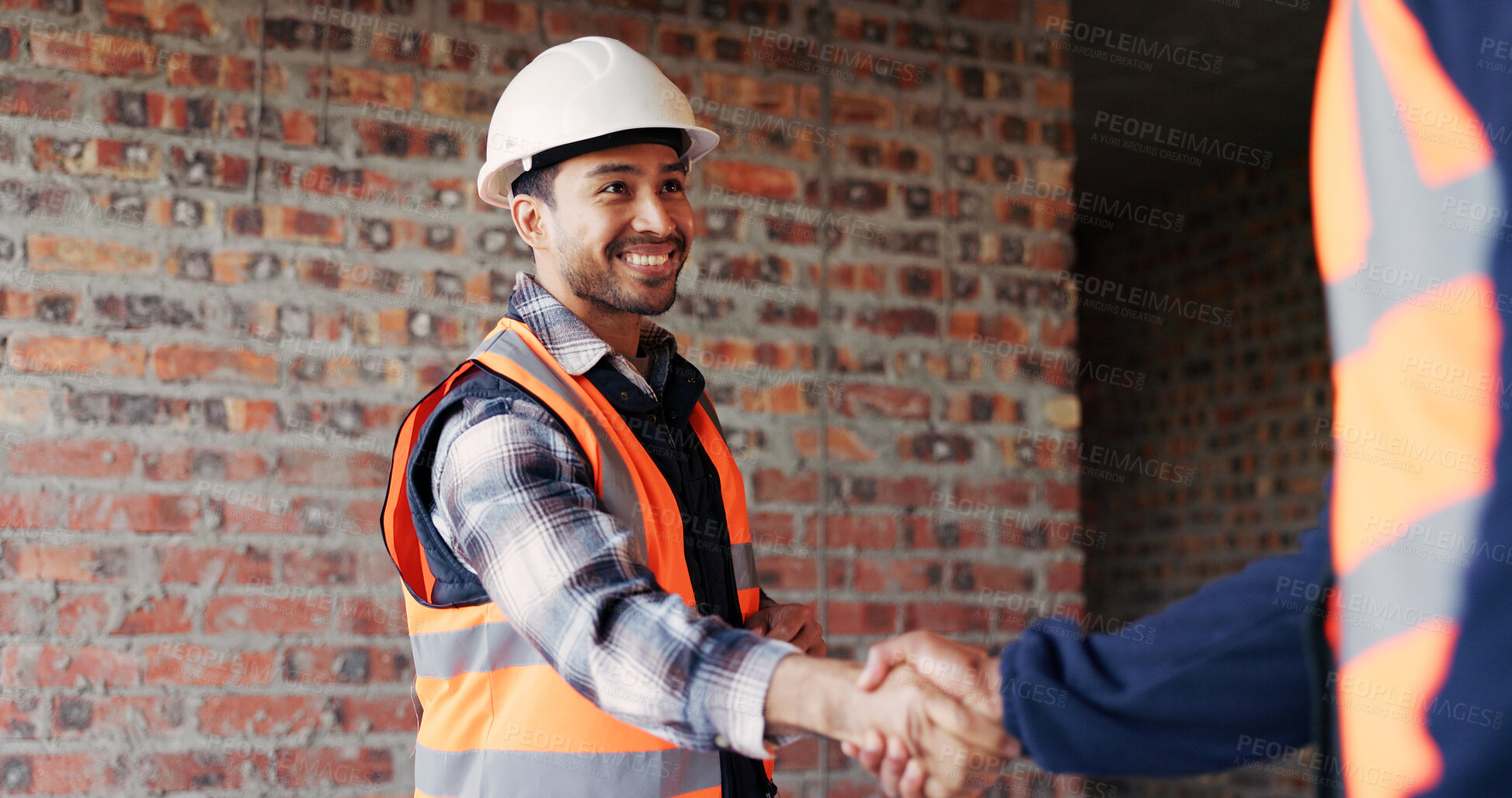 Buy stock photo Architect, handshake and happy man with agreement for construction partnership or building deal. Male person, civil engineer or shaking hands with contractor or smile for b2b architecture or teamwork
