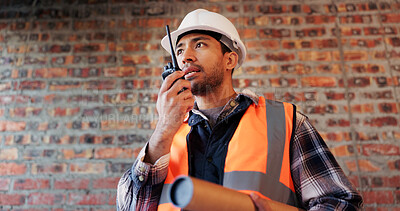 Buy stock photo Construction site, radio and man with inspection, engineering and update for quality control. Tech, risk assessment and person with communication, compliance and property renovation with development