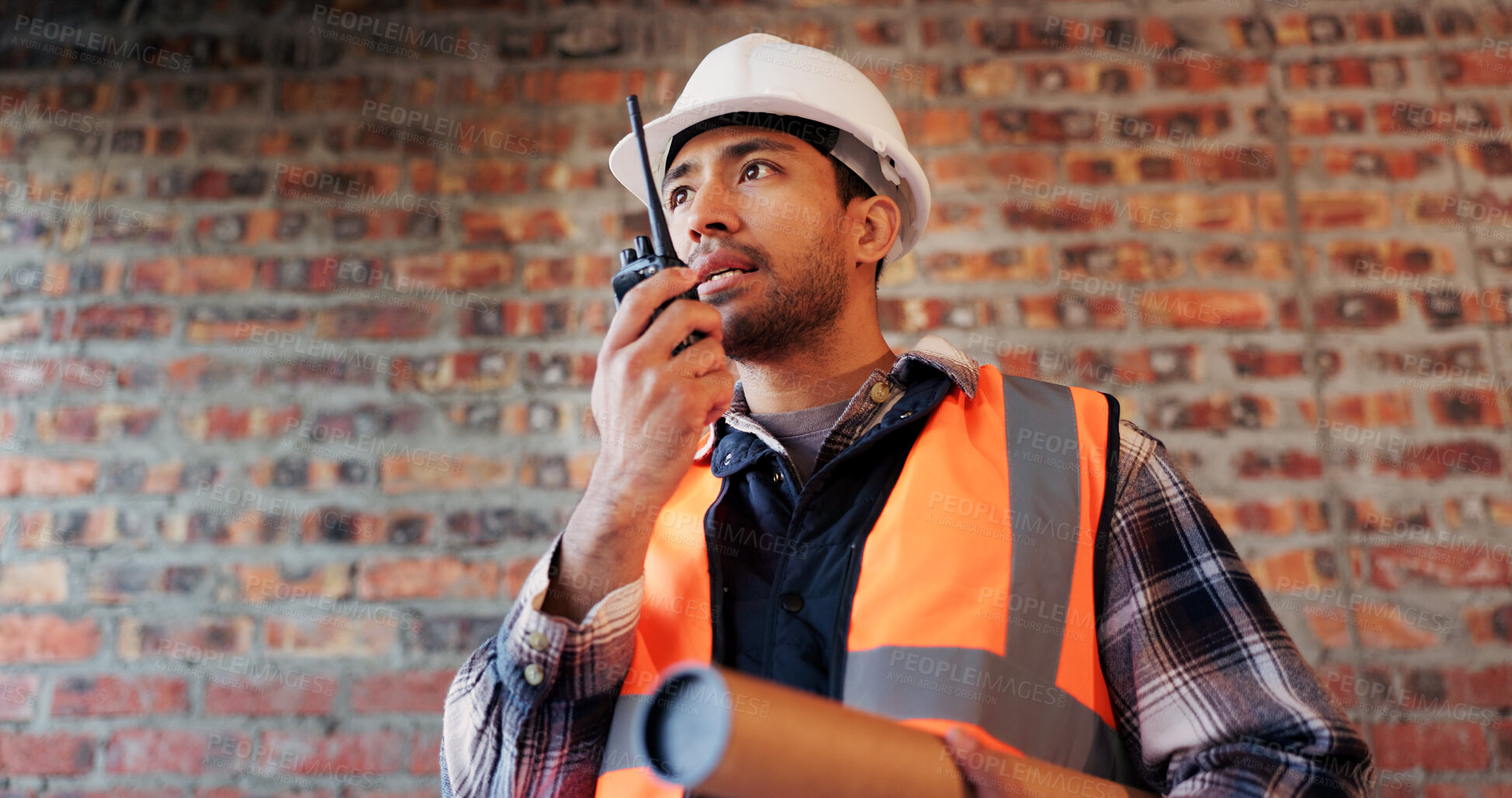 Buy stock photo Construction site, radio and man with inspection, engineering and update for quality control. Tech, risk assessment and person with communication, compliance and property renovation with development