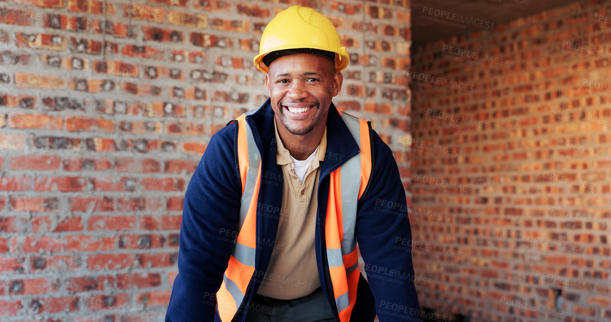 Buy stock photo Smile, black man and portrait of construction worker on site with confidence for industrial career. Happy, about us and African male civil engineer with pride for job opportunity with home renovation
