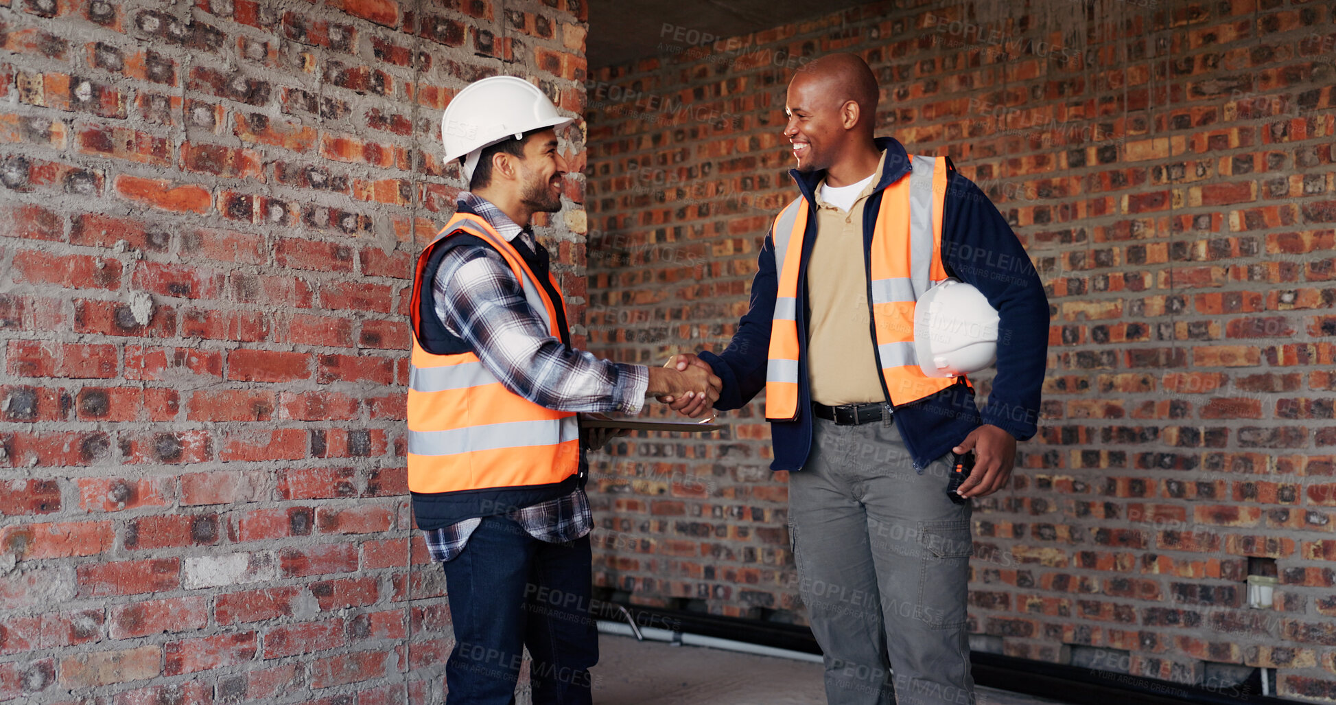 Buy stock photo Handshake, men and construction workers on site with deal, agreement or collaboration for building. Teamwork, industry and male civil engineers shaking hands for renovation contract with partnership.