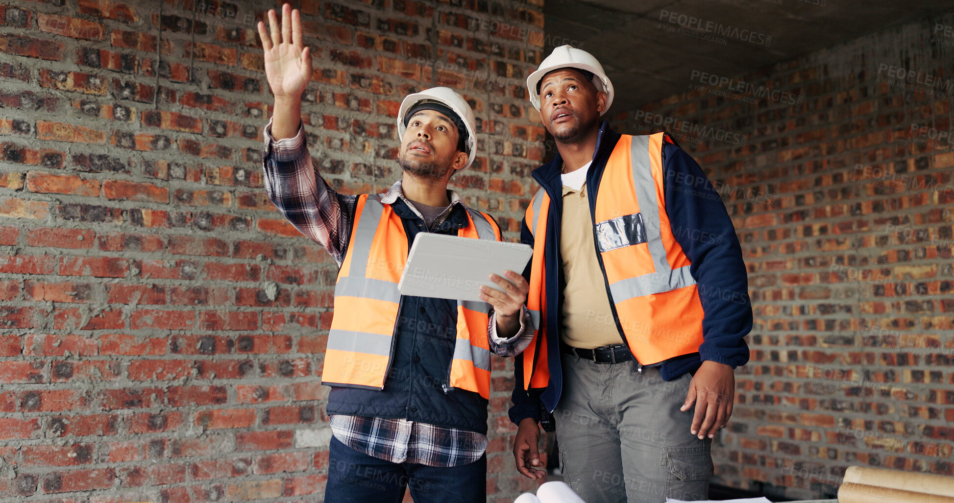 Buy stock photo Architect, people and inspection at construction site with tablet, discussion and project collaboration. Men, talk and architecture review with tech, quality assurance or teamwork for infrastructure.