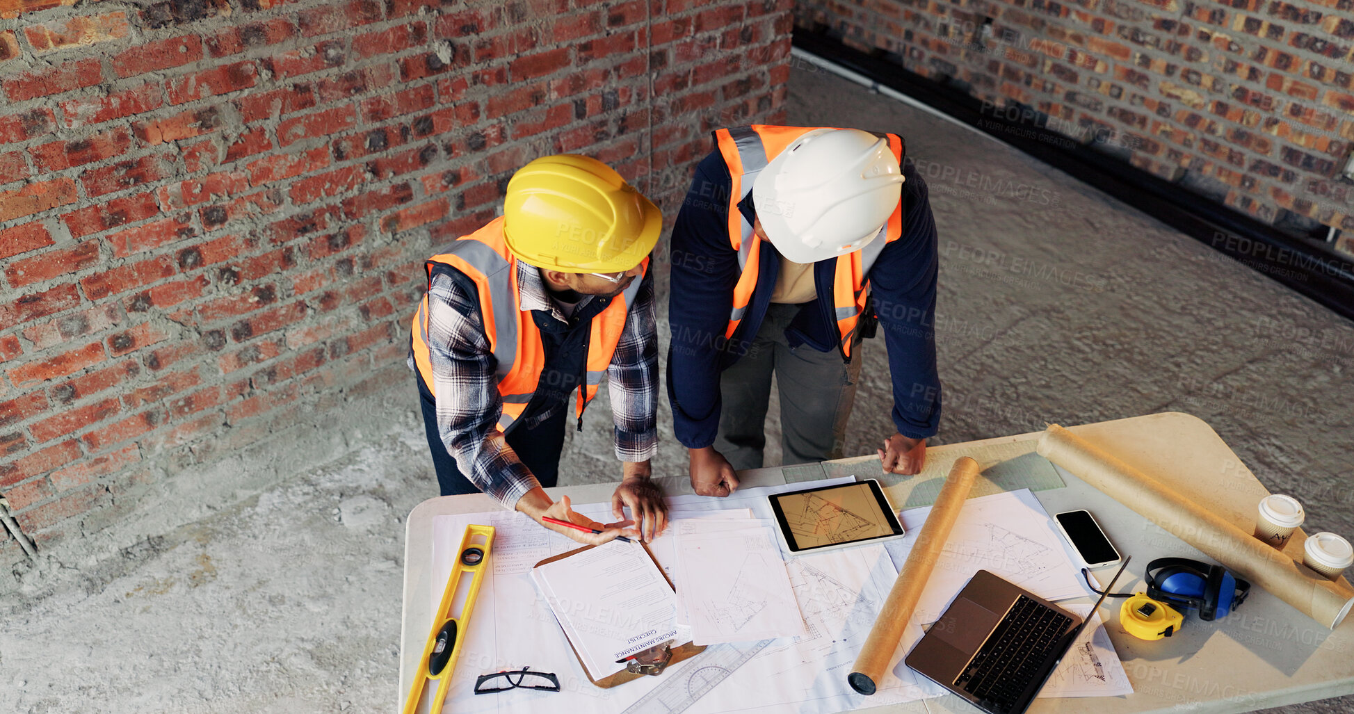 Buy stock photo Discussion, meeting or team with blueprint for construction, renovation draft or floor plan strategy. Above, people or architect with idea for building layout, engineering design or tablet screen