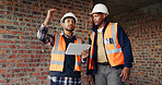 Engineering, meeting and people at construction site with tablet, discussion and property development. Engineer, men and research with tech for building project, teamwork and renovation conversation.