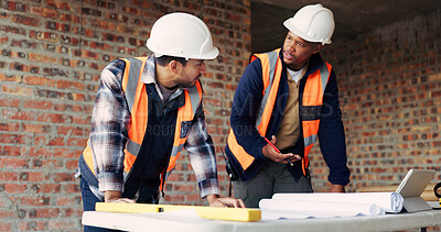 Buy stock photo Architect, meeting and men with blueprint in building, talking or planning for property development. Civil engineer, ideas and people with document for architecture, discussion and collaboration