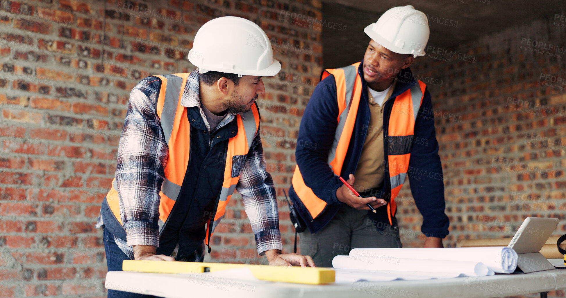 Buy stock photo Architect, meeting and men with blueprint in building, talking or planning for property development. Civil engineer, ideas and people with document for architecture, discussion and collaboration