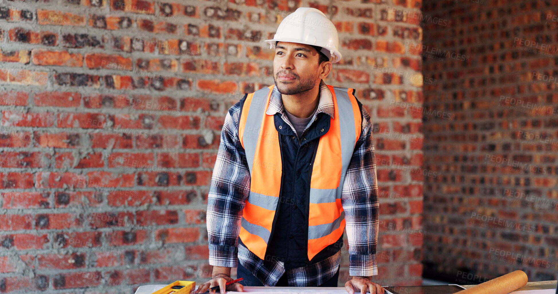 Buy stock photo Construction site, thinking and man with planning, document and inspection for quality control. Safety, risk assessment and person with blueprint, reflection and property renovation or development