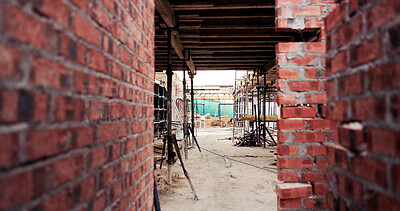 Buy stock photo Brick wall, house and real estate project for construction, development and home renovation. Property, scaffolding and architecture with structure, building and suburban improvement or engineering