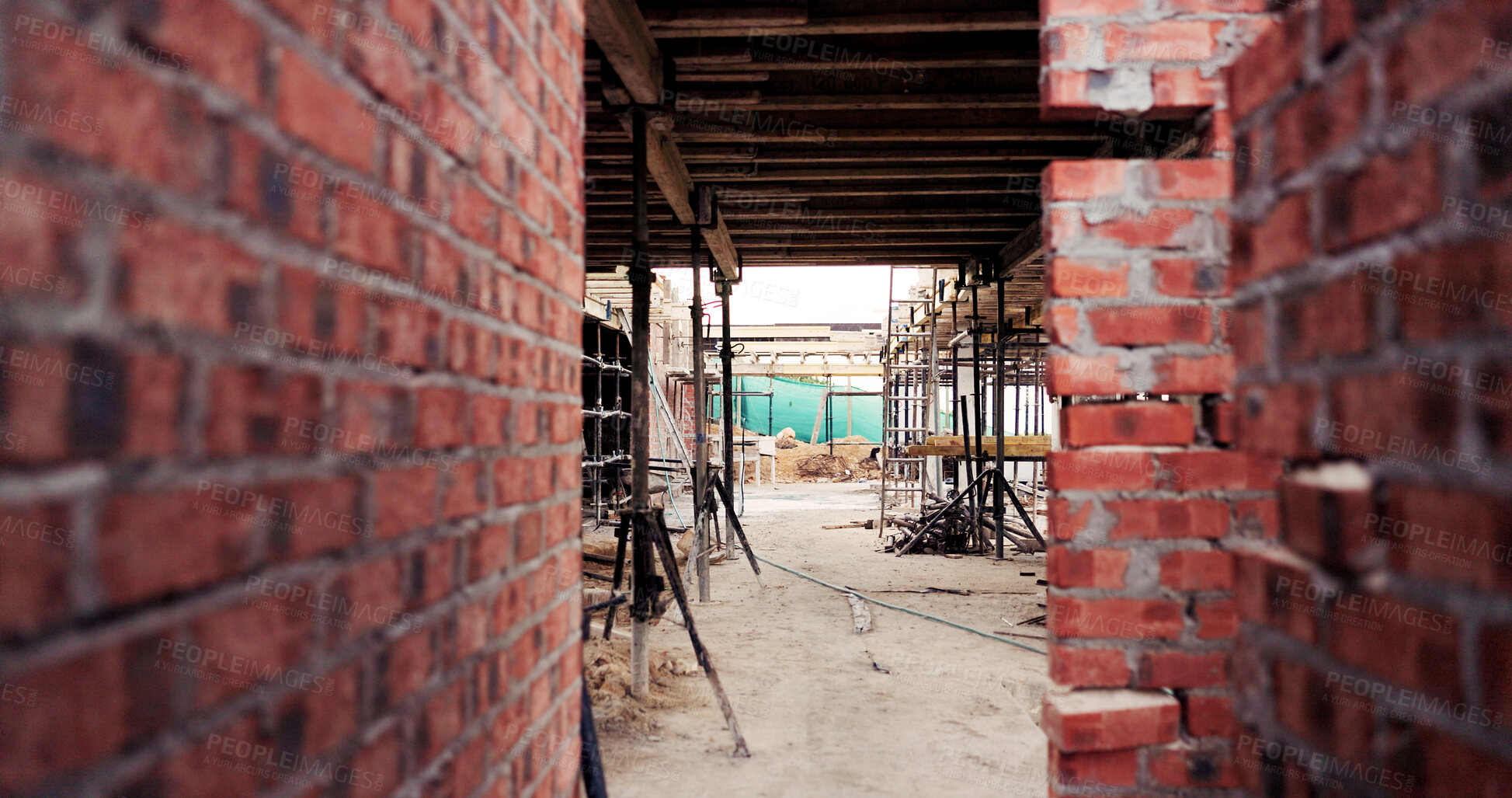 Buy stock photo Brick wall, house and real estate project for construction, development and home renovation. Property, scaffolding and architecture with structure, building and suburban improvement or engineering