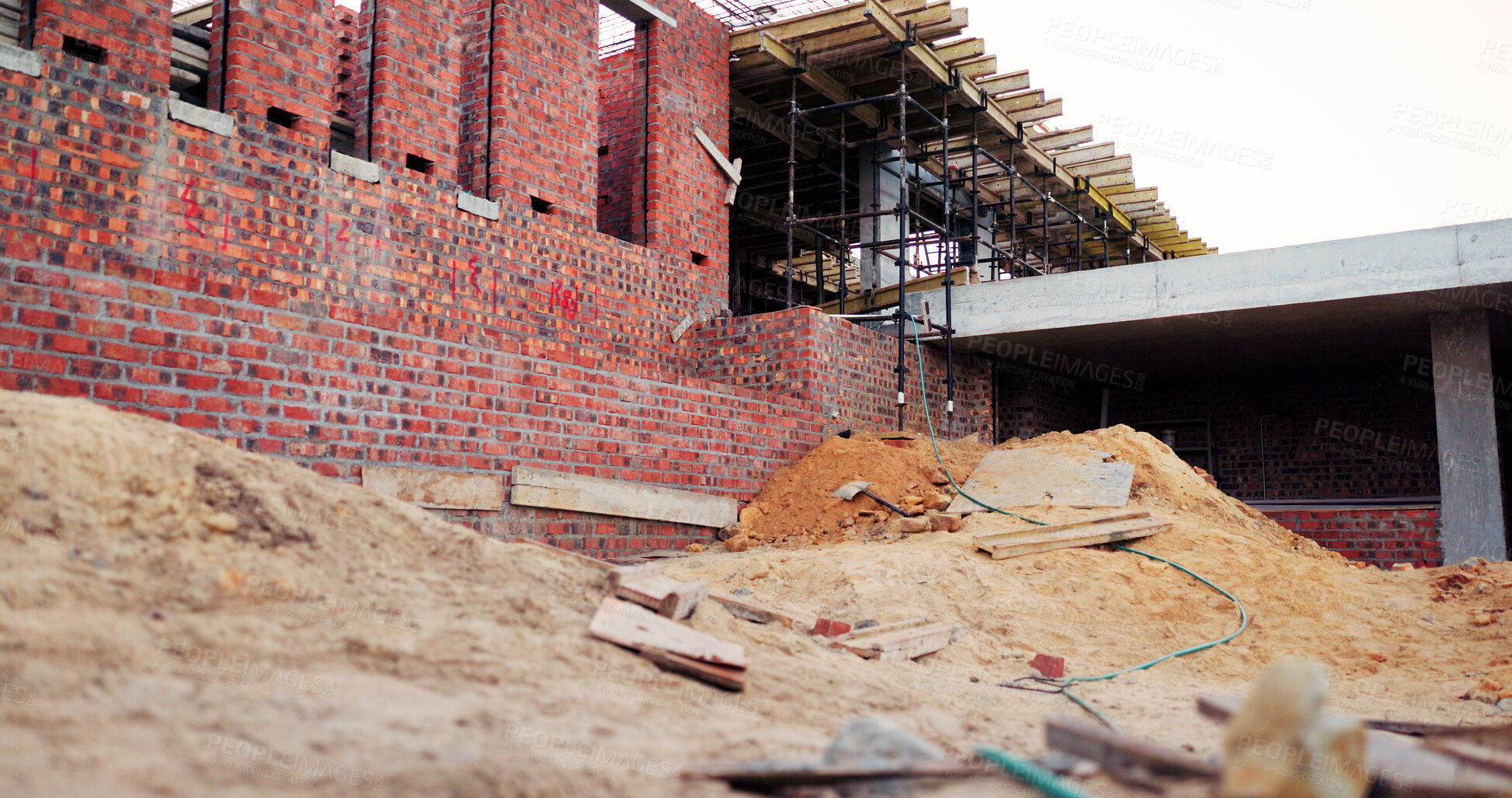 Buy stock photo Frame, home and real estate project for construction, development and house renovation. Property, brick wall and architecture site with structure, building and suburban improvement or engineering
