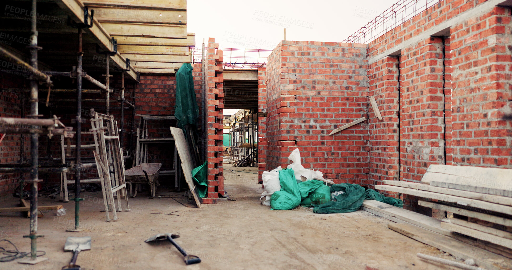 Buy stock photo Structure, house and real estate project for construction, development and home renovation. Property, brick wall and architecture with infrastructure, building and suburban improvement or engineering