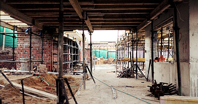 Buy stock photo Scaffolding, house and real estate for construction, development project and home renovation. Property, brick wall and architecture with structure, building and suburban improvement or engineering