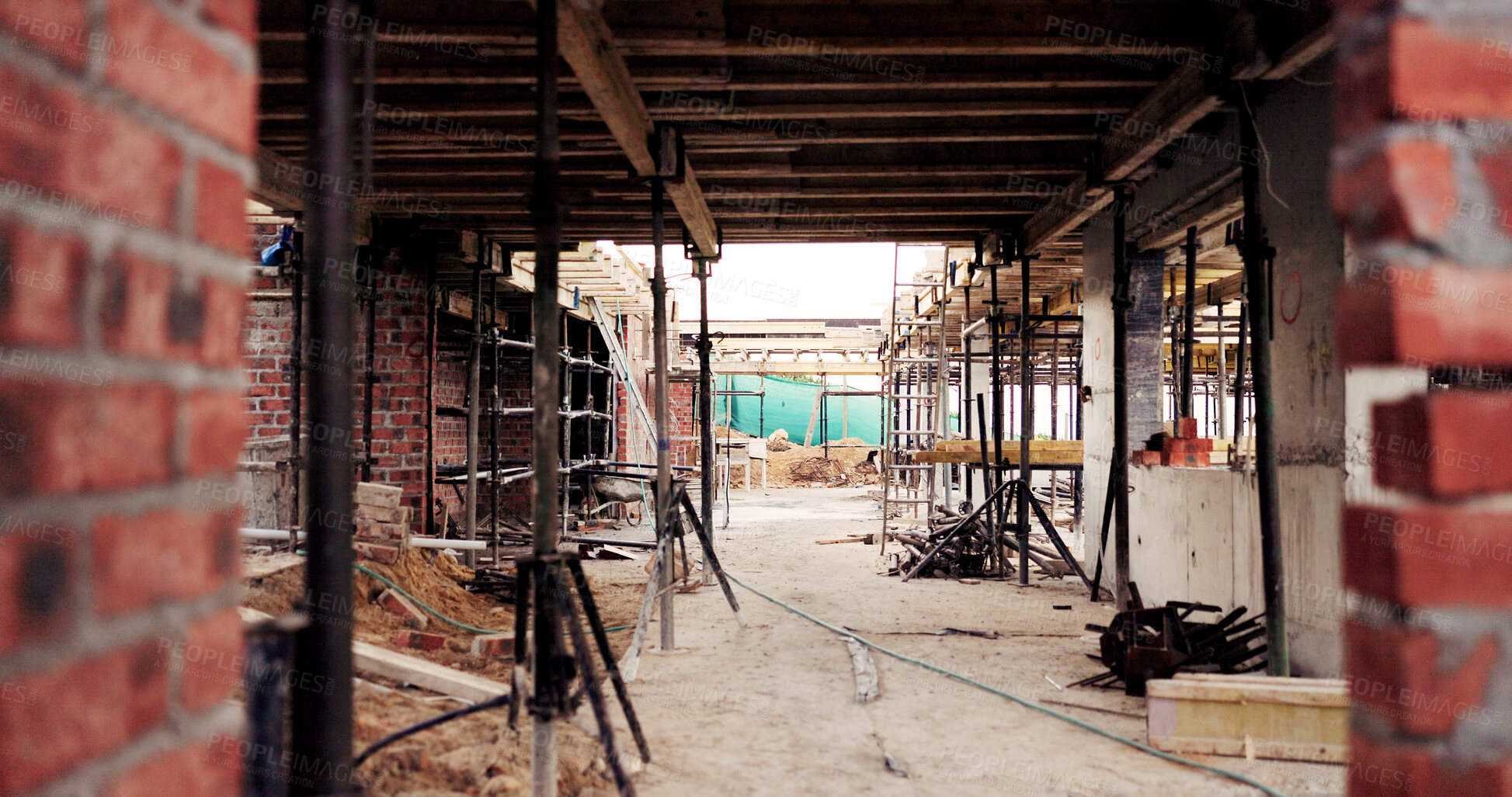 Buy stock photo Scaffolding, property and real estate for construction, development project and home renovation. House, brick wall and architecture with structure, building and suburban improvement or engineering