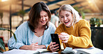 Laugh, books and students with phone in library for texting, social media or funny meme online. Happy, women and people on study break at university campus with cellphone for comedy message on app.